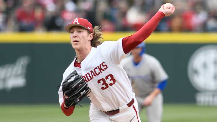Arkansas Razorbacks pitcher Hagen Smith against Eastern Illinois on Friday, Feb. 24, 2023, at Baum-Walker Stadium in Fayetteville, Ark.